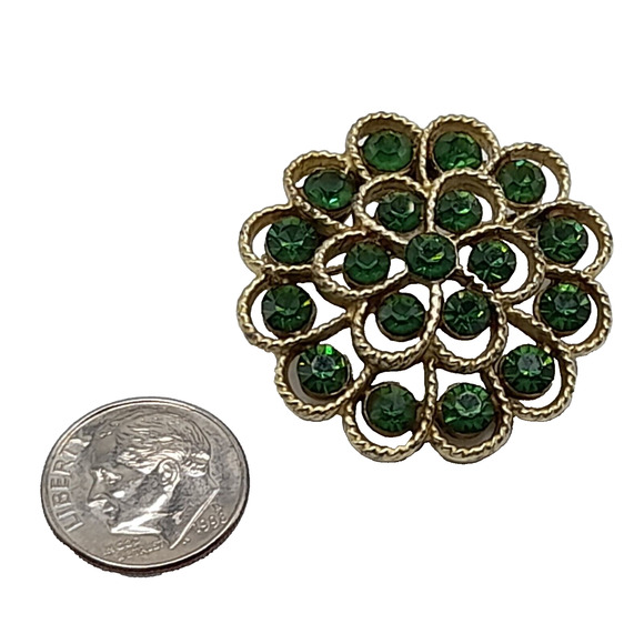 Vintage Small Green Rhinestone Flower Brooch, 1950s, Gold Tone, 1 1/4" - Picture 3 of 9